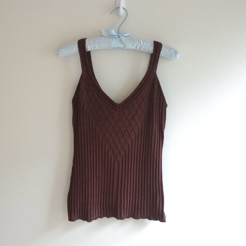 Brown Crochet Trim Knit Tank Top